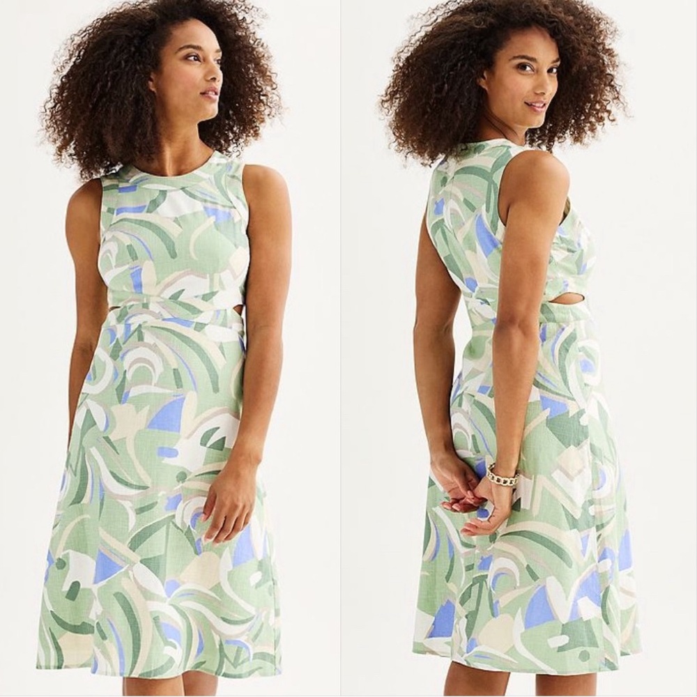 Nine West Green Abstract Linen Blend Sleeveless Cutout Fit & Flare Dress Medium